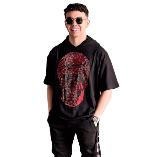 ¡Exclusiva! Camiseta Calavera Brillante con Capucha Serie Sixnine Red